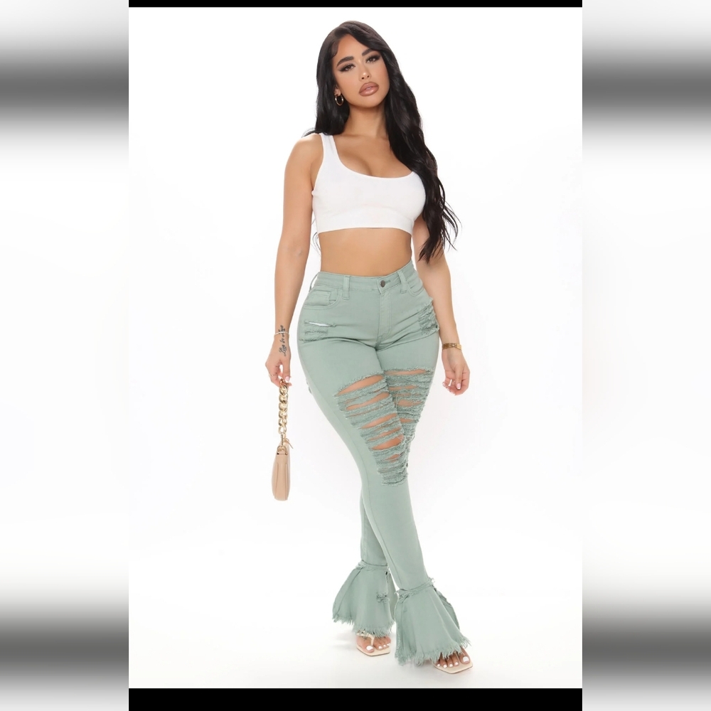 Fashion Nova Fray What you Mean Flare Led Jeans Sage